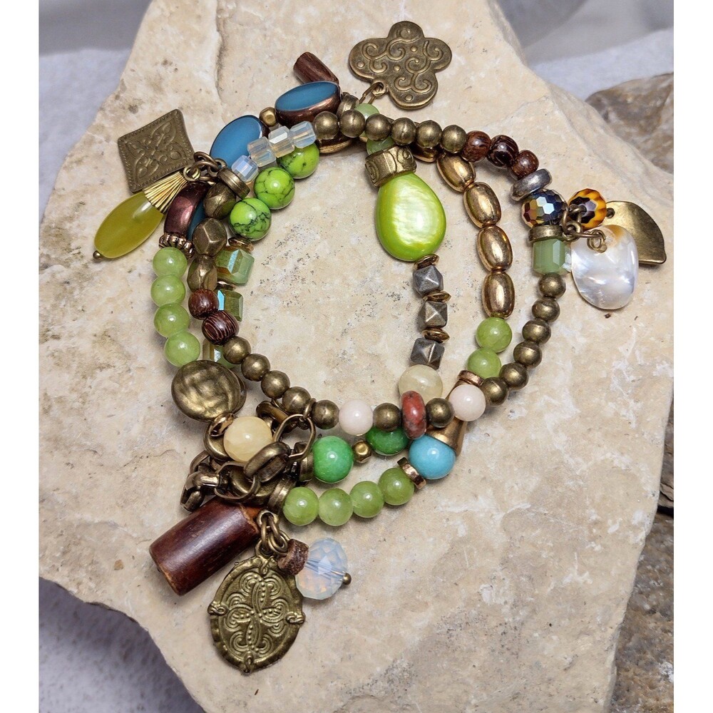Lizou Gemstone Glass Beaded Cluster Bundle Charm Bracelet